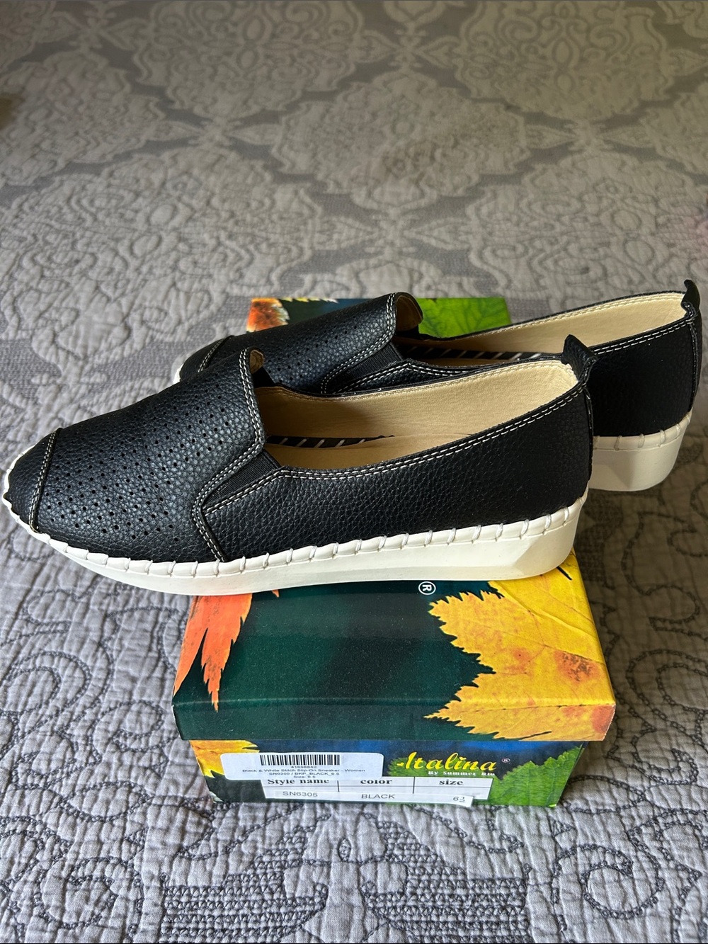 Italina Black Perforated Slip-On Loafers with White Sole